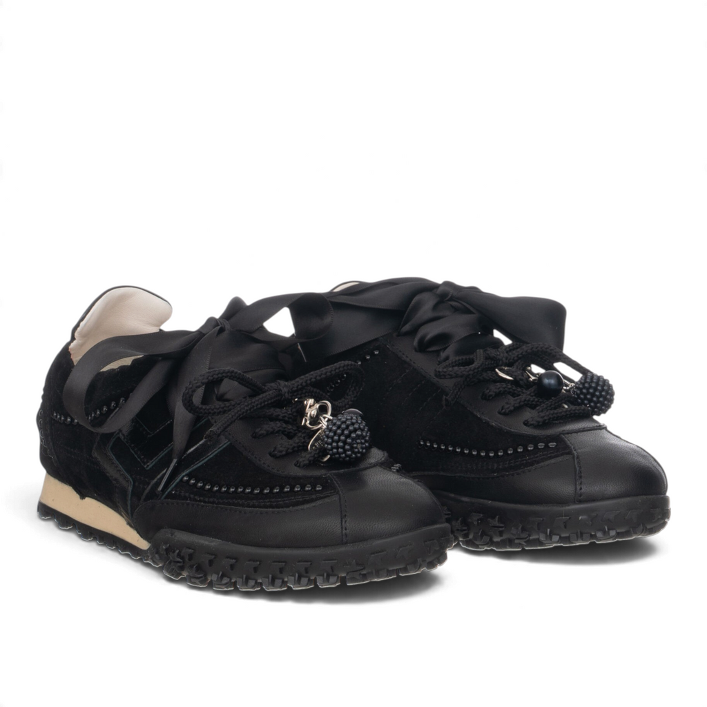 ShoeShop Gio+ CIELOX18 black leather sneakers with satin ribbon laces and decorative bead charms