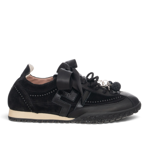 ShoeShop Gio+ CIELOX18 black leather sneakers with satin ribbon laces and decorative charm detail