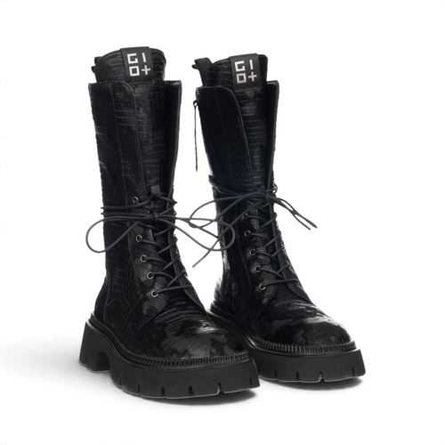 ShoeShop Gio+ GRETA02B black leather mid-calf boots with crocodile texture, lace-up front, and chunky rubber sole.