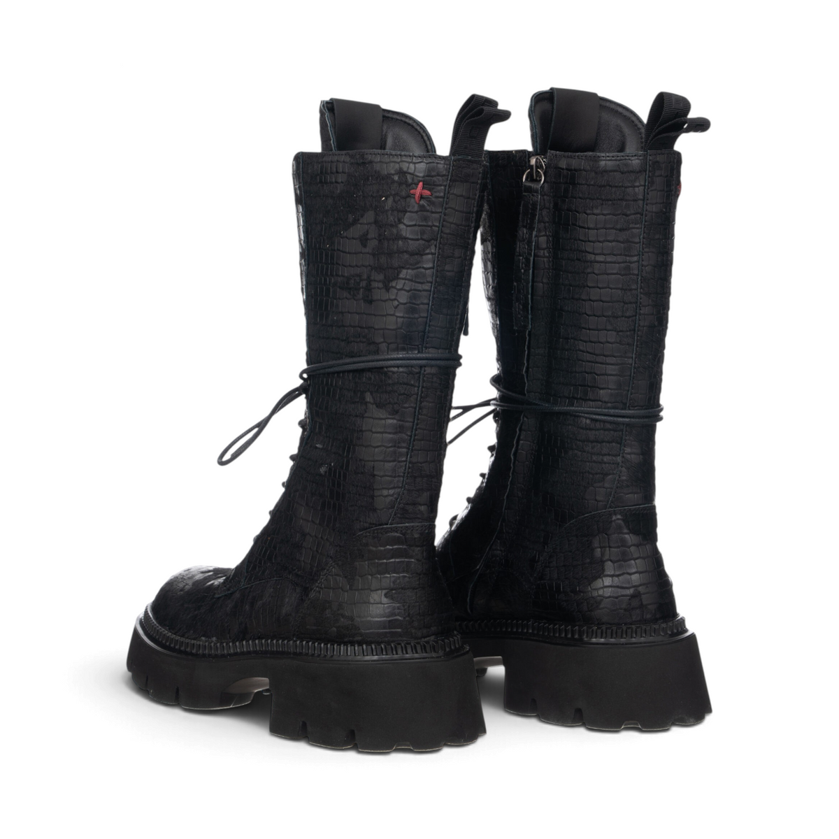 ShoeShop Gio+ GRETA02B black leather lace-up boots with crocodile texture and chunky rubber soles