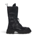 ShoeShop Gio+ GRETA02B black leather combat boots with crocodile texture, lace-up front, and 4.5cm chunky rubber sole
