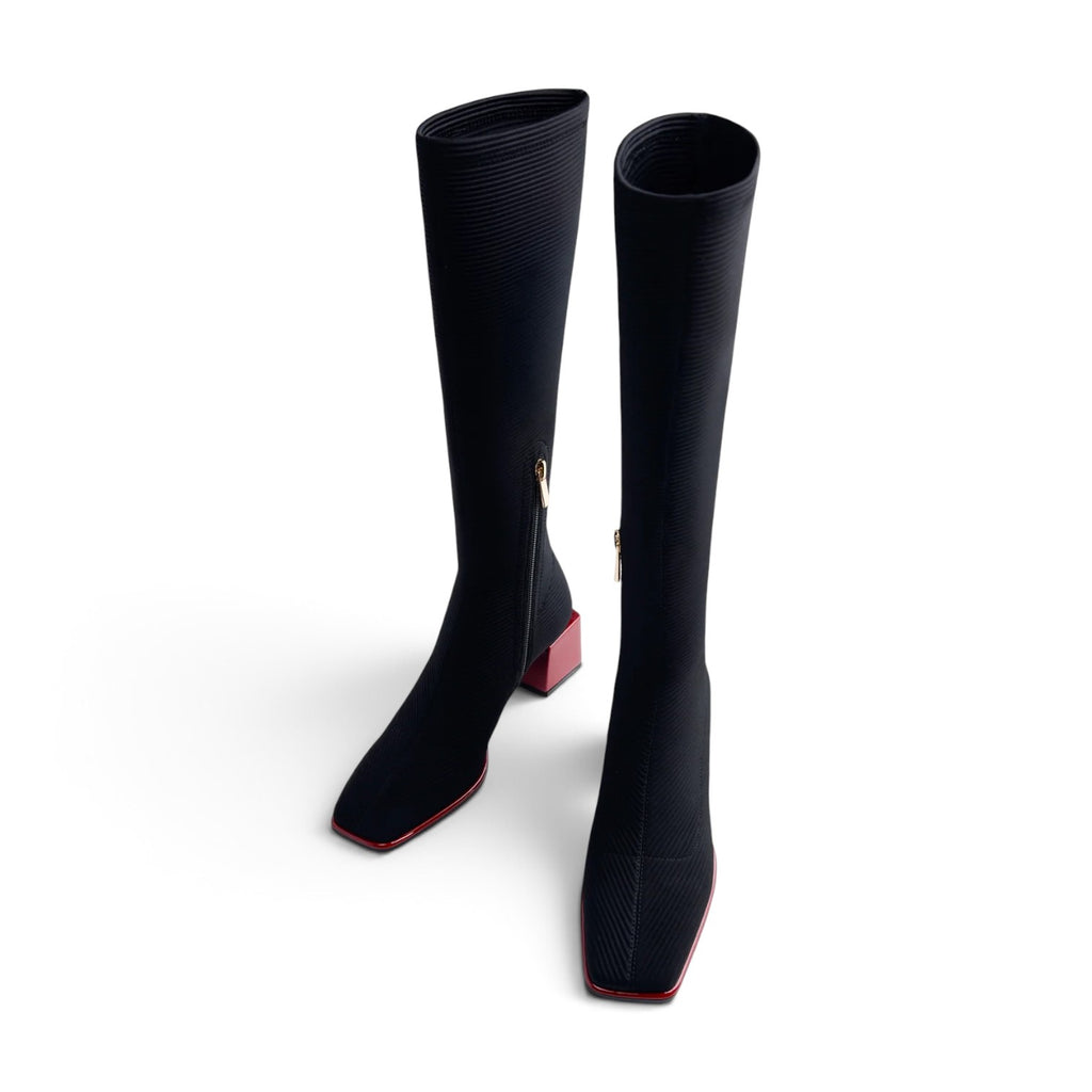 ShoeShop Gioseppo 80684 black knee-high boots with a square toe and a contrasting metallic red block heel.