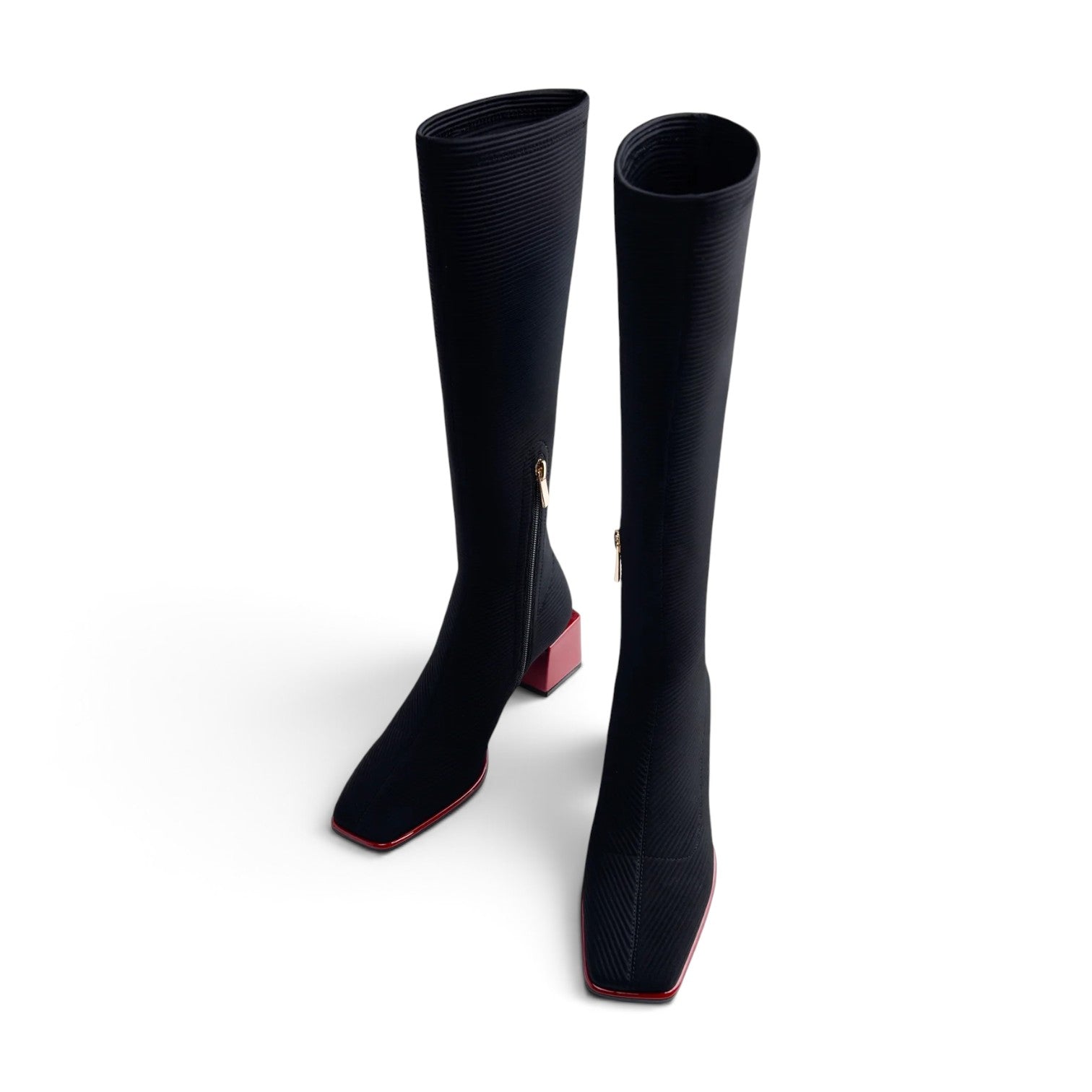 ShoeShop Gioseppo 80684 black knee-high boots with a square toe and a contrasting metallic red block heel.