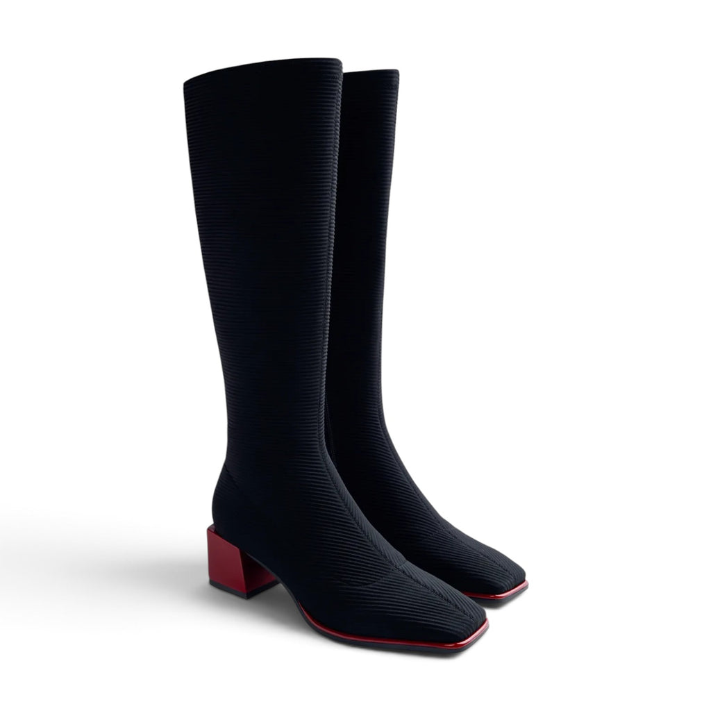 ShoeShop Gioseppo 80684 black knee-high boots with a textured fabric upper and a contrasting red block heel