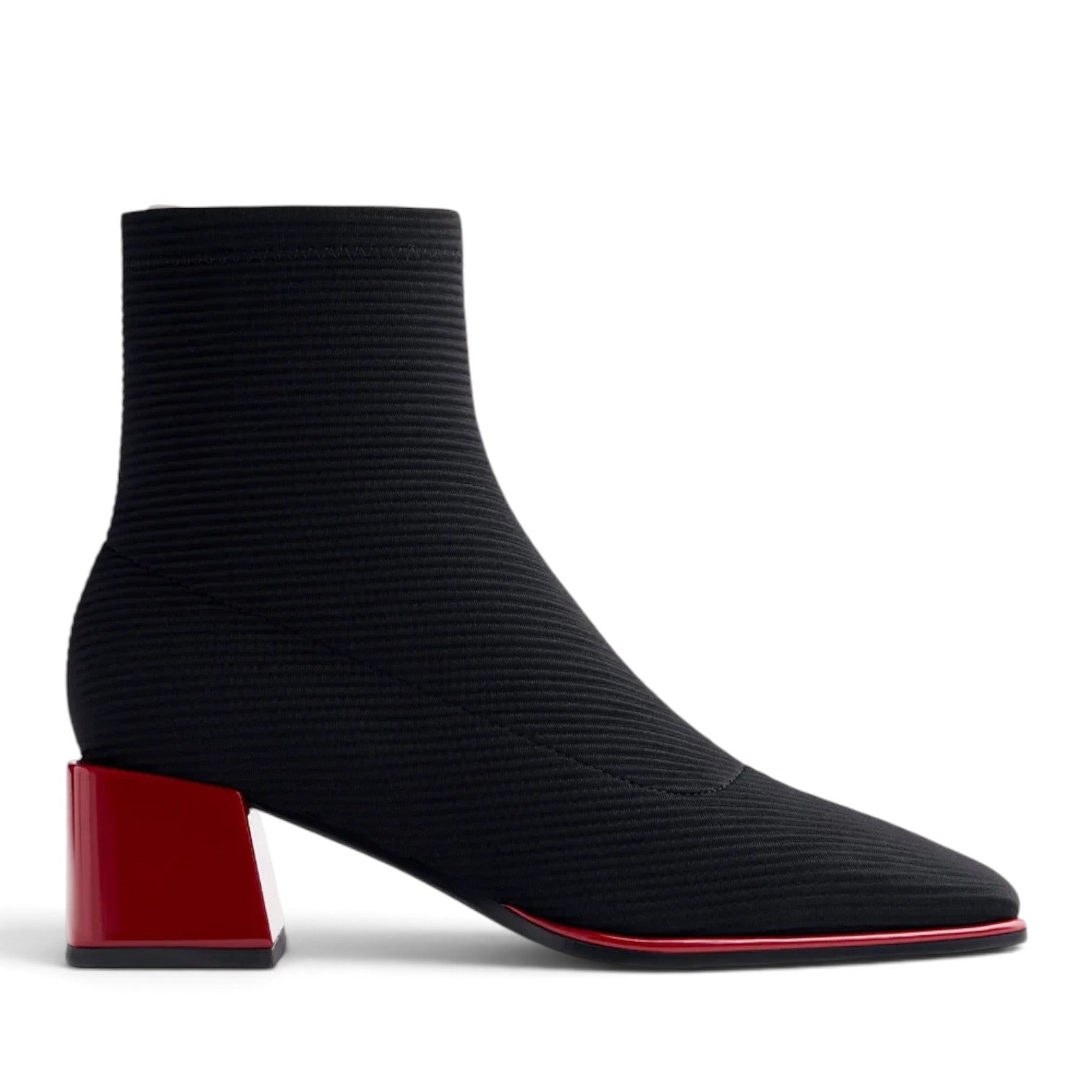 ShoeShop Gioseppo 80683 black ribbed knit ankle boot with a square toe and a contrasting red block heel