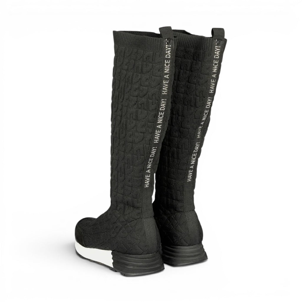 ShoeShop Gioseppo 73734 black knee-high knit boots with white platform sole and Have a Nice Day text on the back