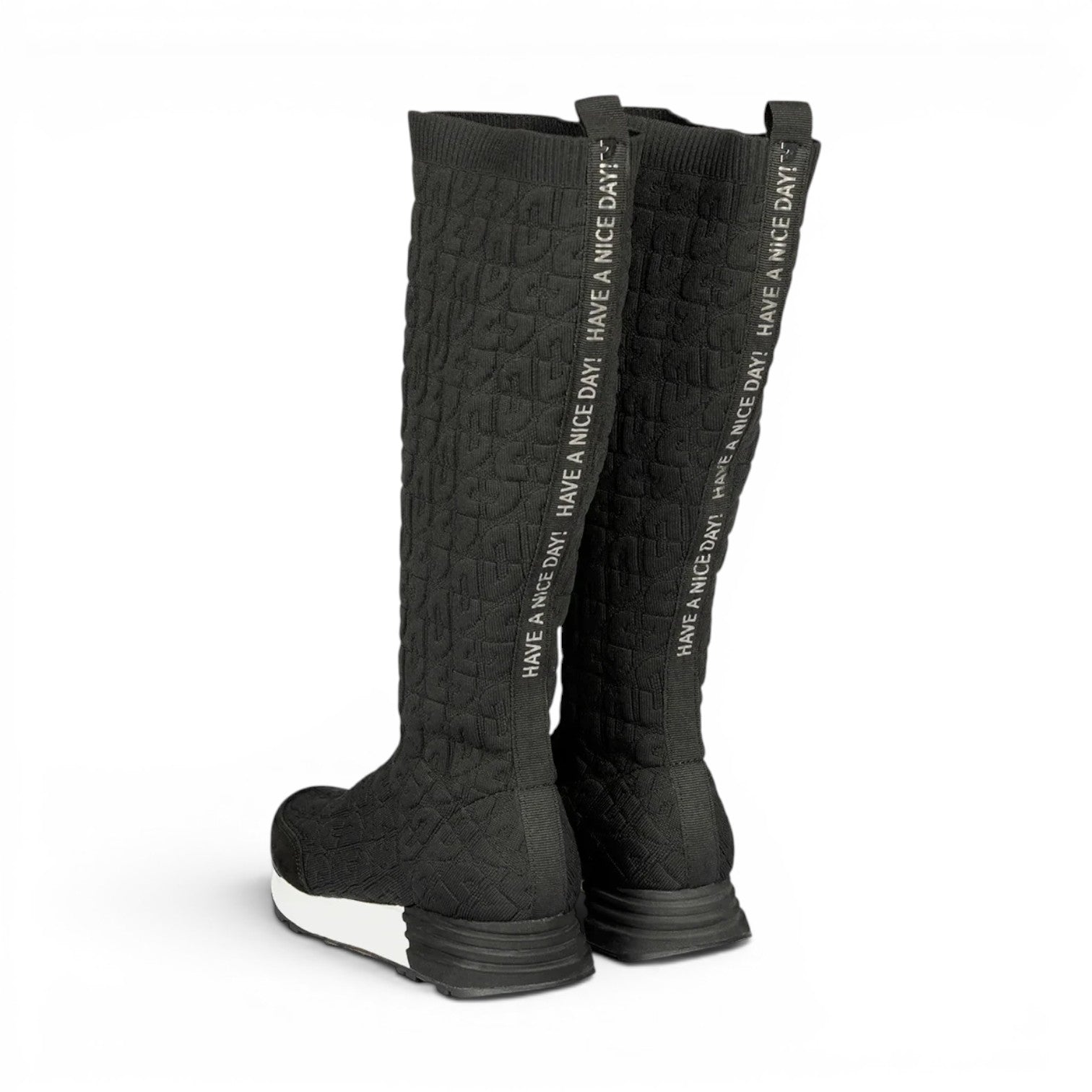 ShoeShop Gioseppo 73734 black knee-high knit boots with white platform sole and Have a Nice Day text on the back