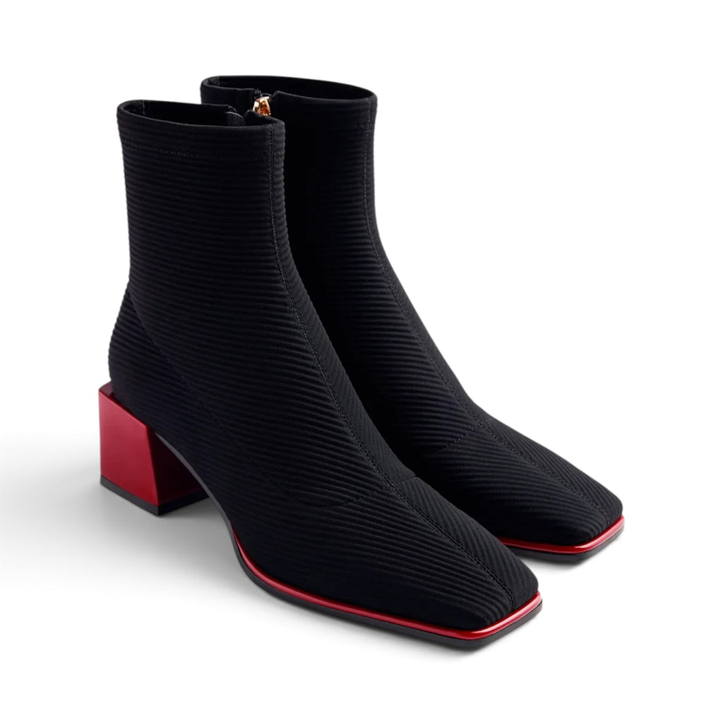ShoeShop Gioseppo 80683 black ribbed knit ankle boots with a square toe and a bold red block heel