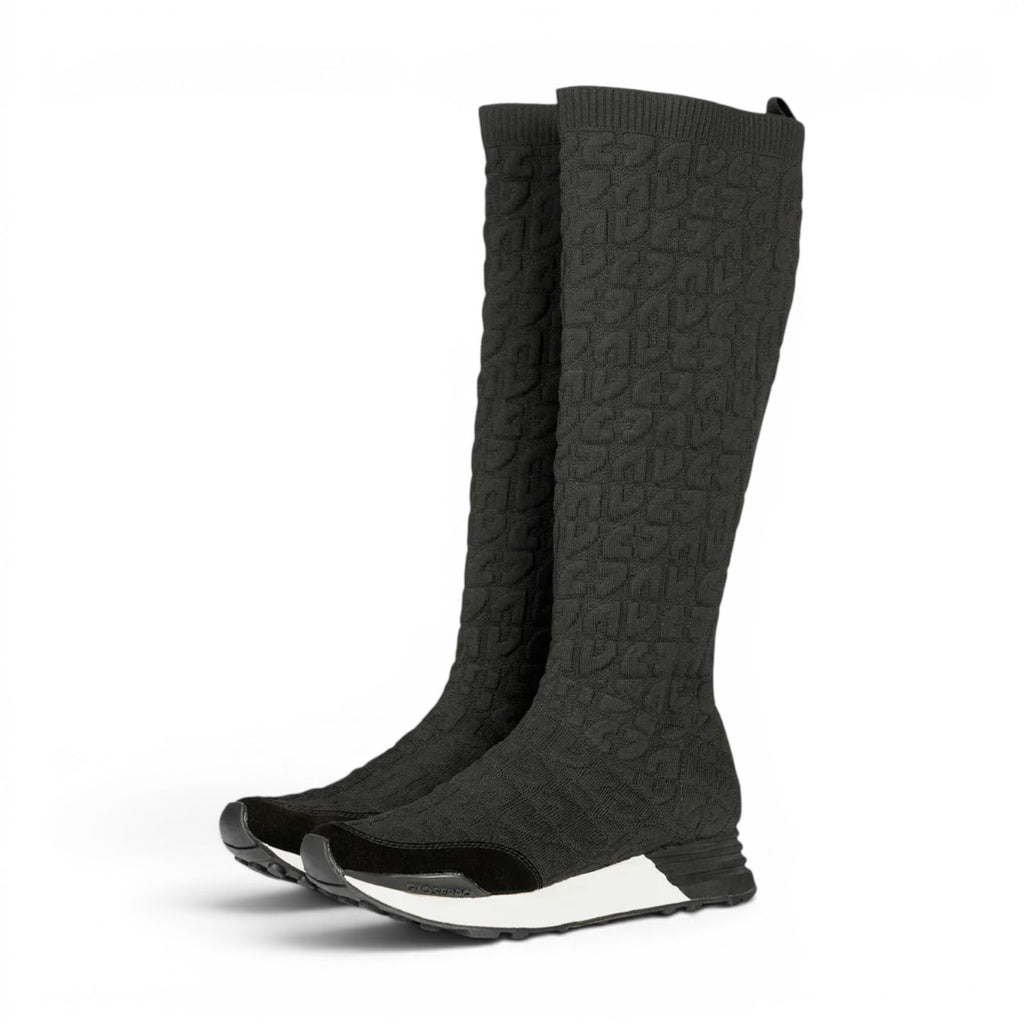 ShoeShop Gioseppo 73734 black knit knee-high boots with a textured logo pattern and a white athletic sole