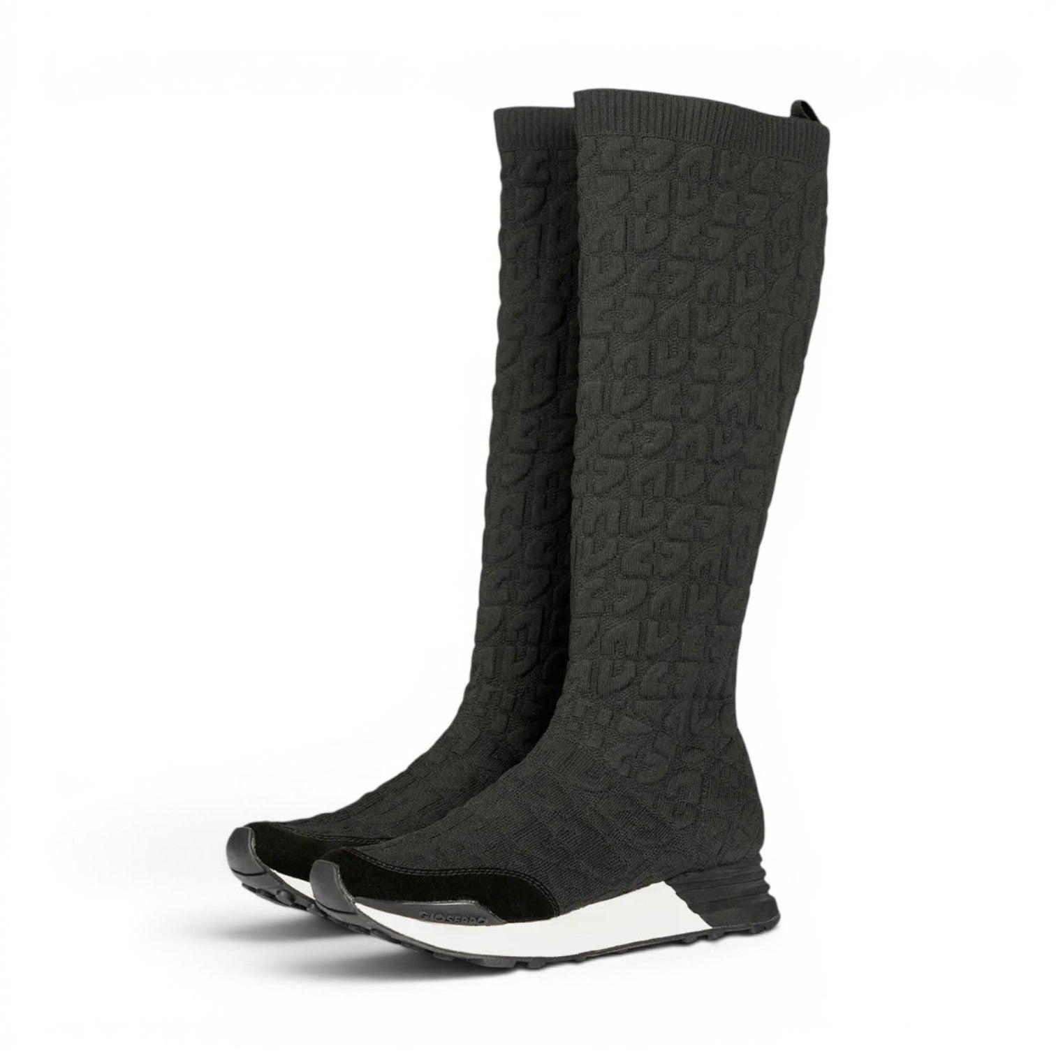 ShoeShop Gioseppo 73734 black knit knee-high boots with a textured logo pattern and a white athletic sole