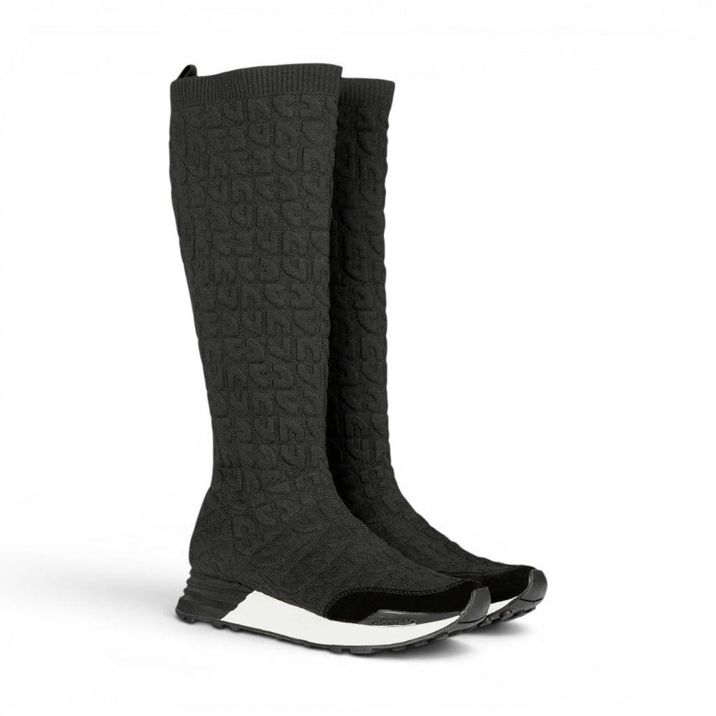 ShoeShop Gioseppo 73734 black knee-high knit boots with a textured pattern and a white sporty sneaker sole.
