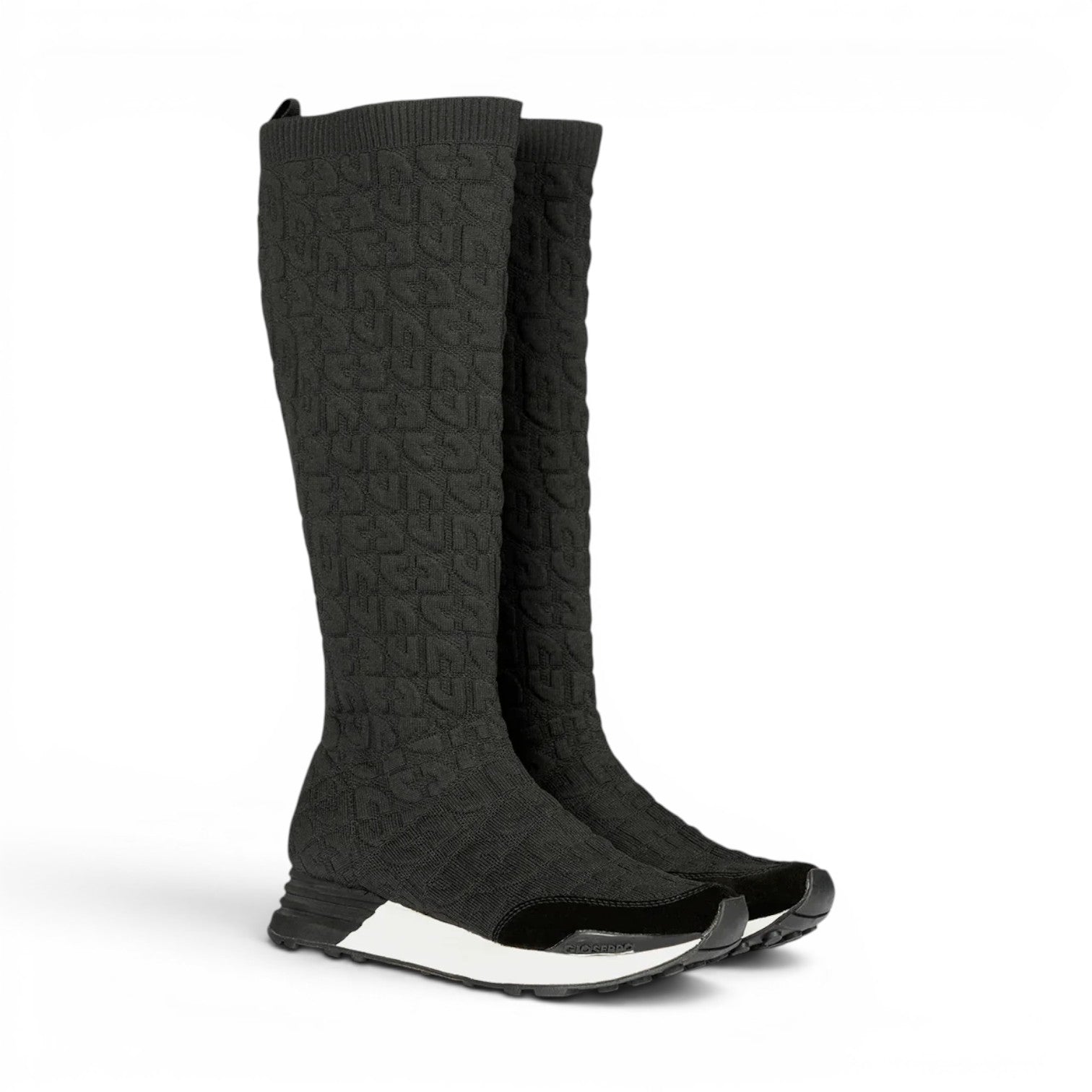 ShoeShop Gioseppo 73734 black knee-high knit boots with a textured pattern and a white sporty sneaker sole.