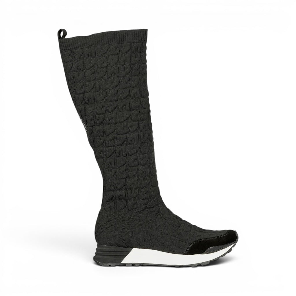 ShoeShop Gioseppo 73734 black knee-high knit sneaker boots with a textured pattern and white athletic sole