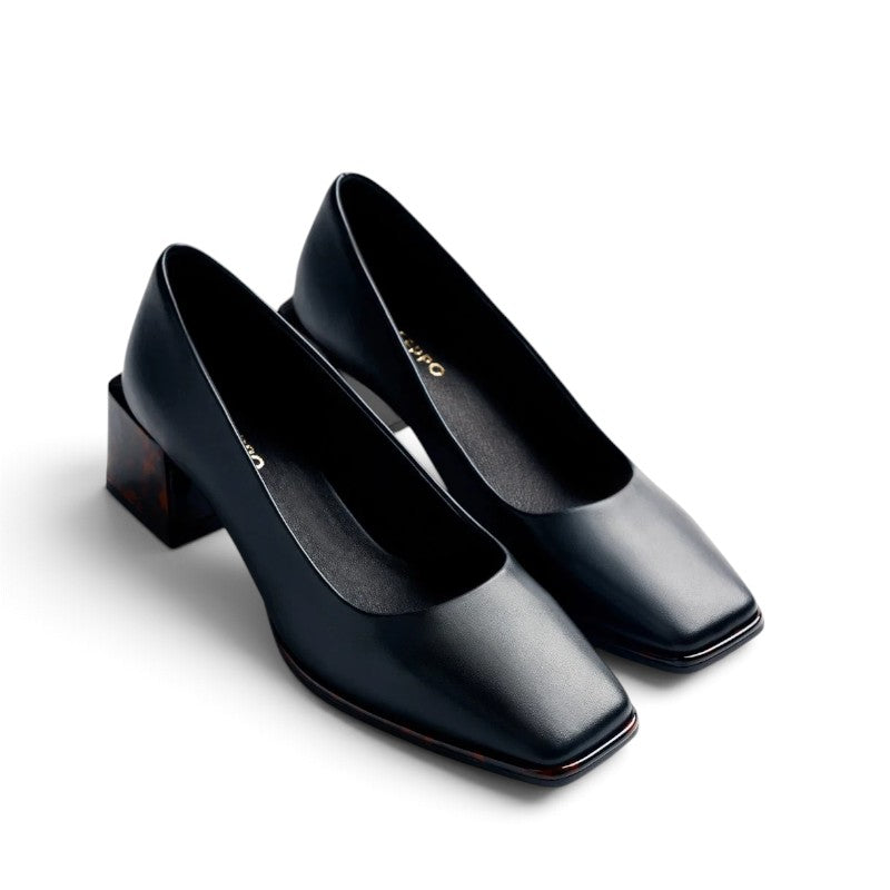 ShoeShop Gioseppo black leather pumps with a square toe and a distinctive brown tortoiseshell block heel