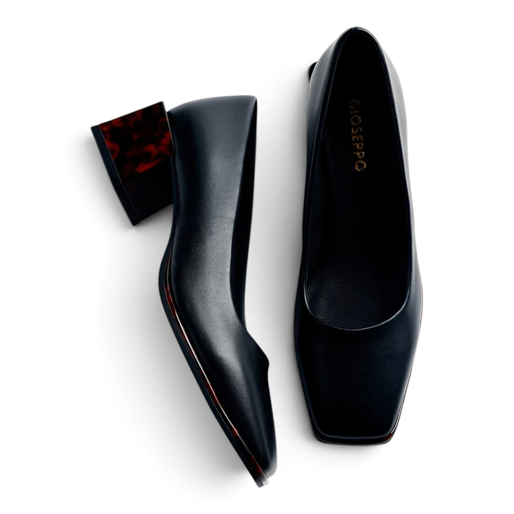 ShoeShop Gioseppo black leather pumps with a unique brown tortoiseshell block heel for a sophisticated look.
