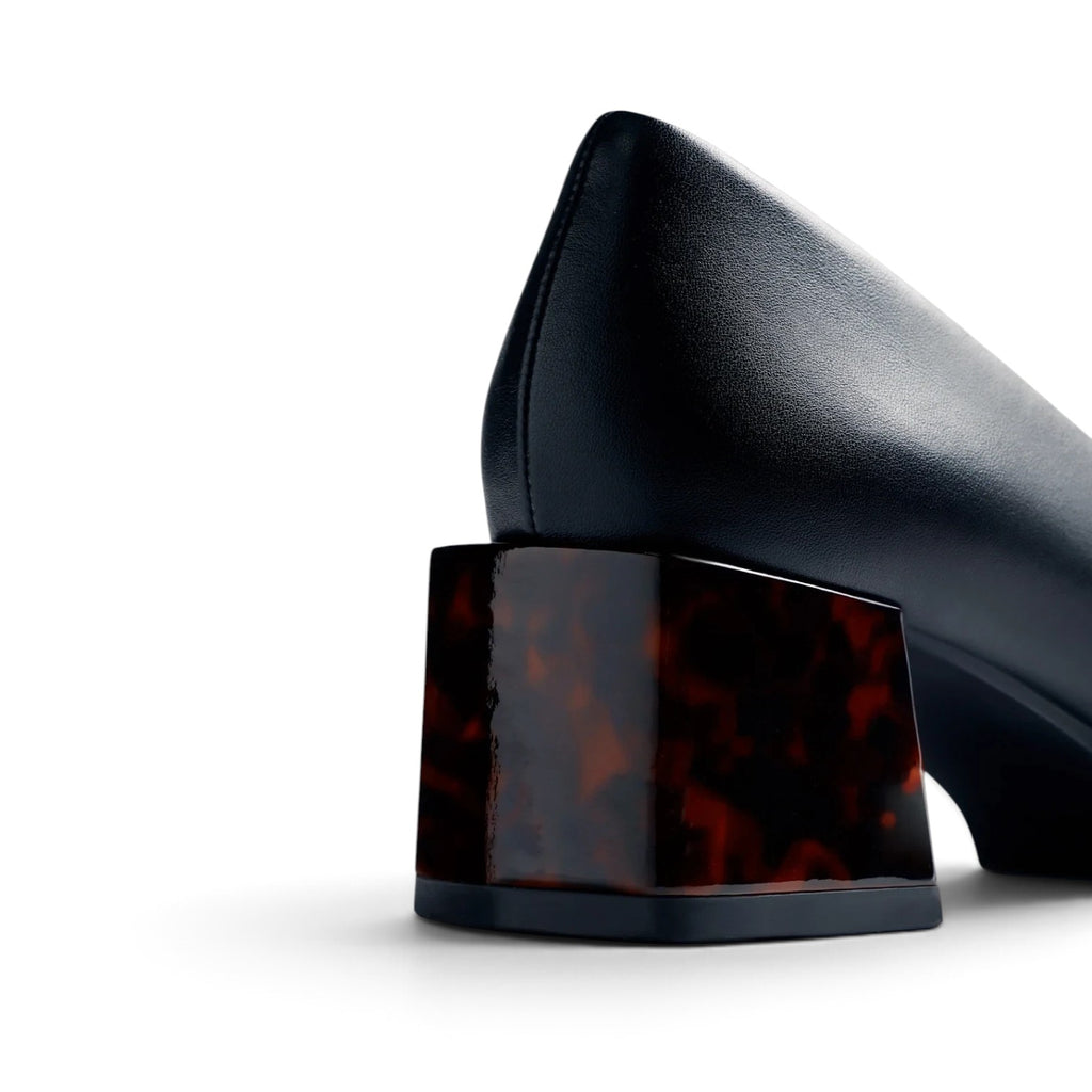 ShoeShop Gioseppo black leather pump with a distinctive brown tortoiseshell block heel for formal occasions.