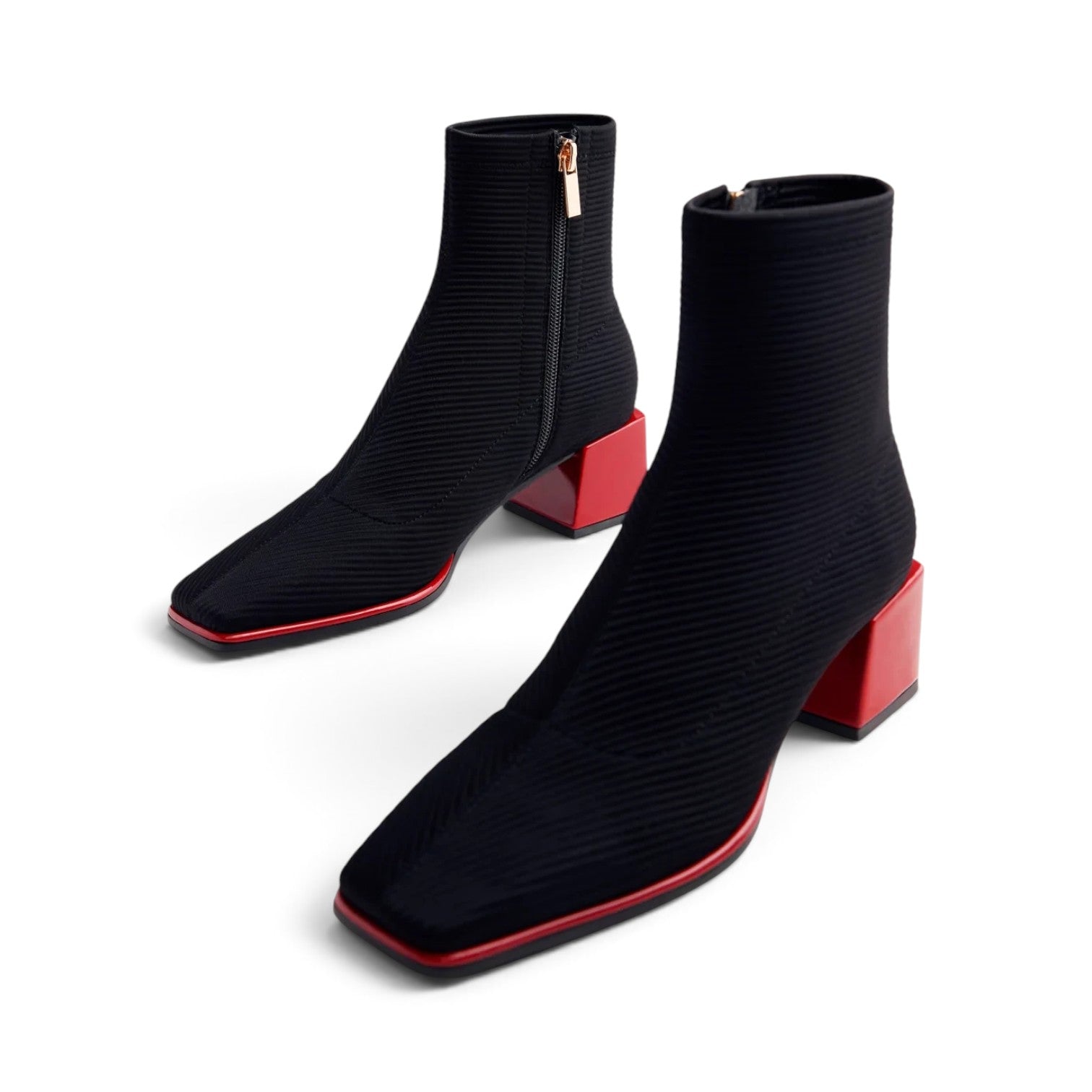 ShoeShop Gioseppo 80683 black ribbed ankle boots with a square toe and bold red block heel
