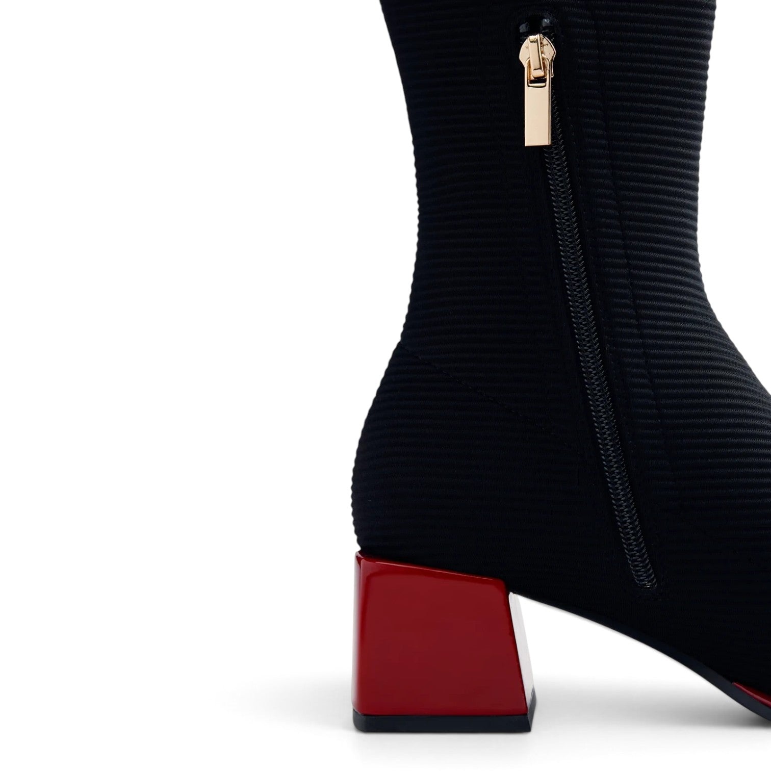 ShoeShop Gioseppo 80684 black ribbed fabric knee-high boot with a contrasting red block heel and gold side zipper