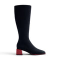 ShoeShop Gioseppo 80684 black ribbed knee-high boots with a distinctive red block heel and square toe