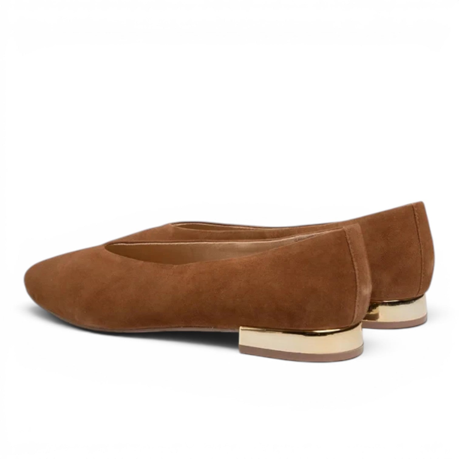 ShoeShop Gioseppo 57095 brown suede ballet flats with a metallic gold low block heel