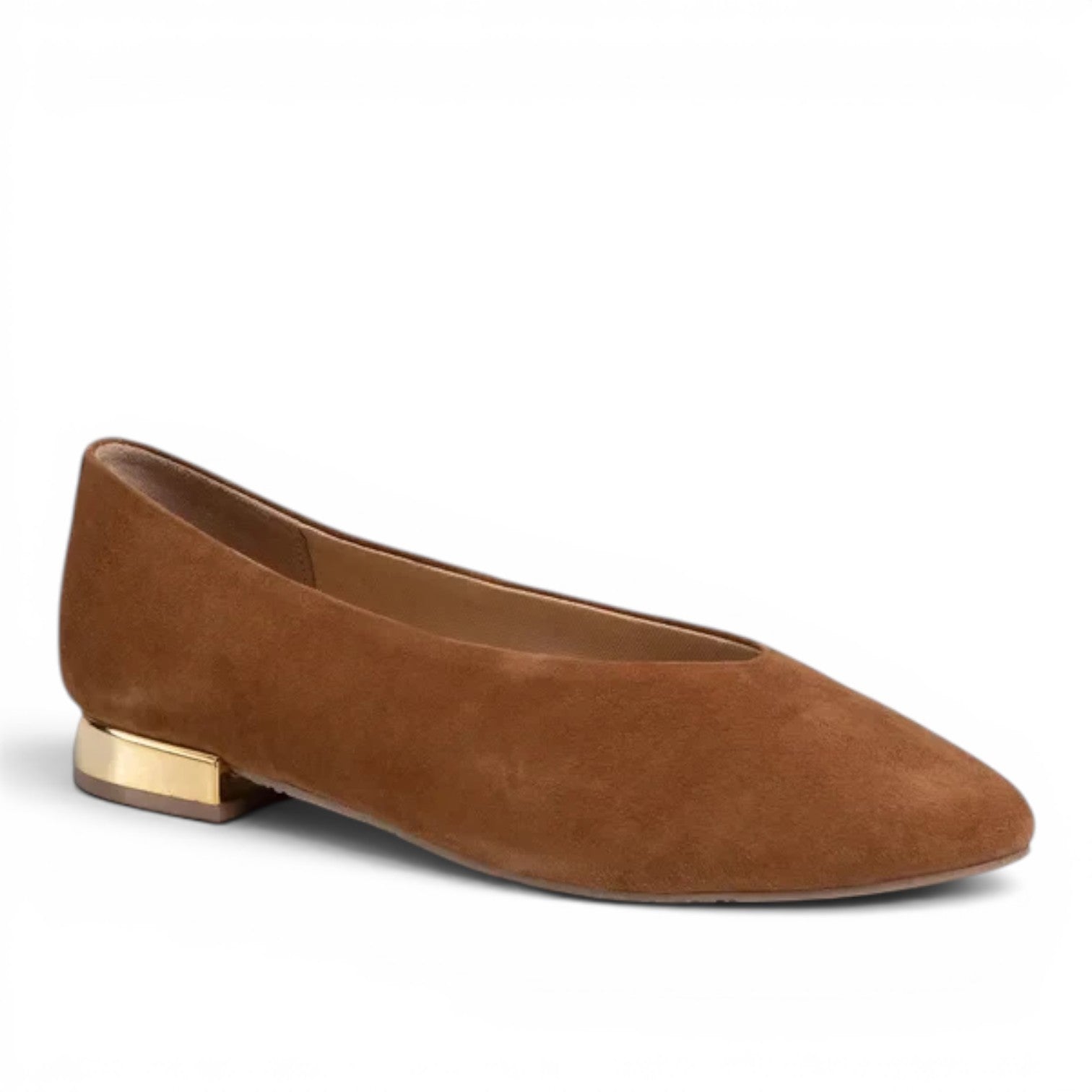 ShoeShop Gioseppo 57095 brown suede ballet flats with a metallic gold block heel detail