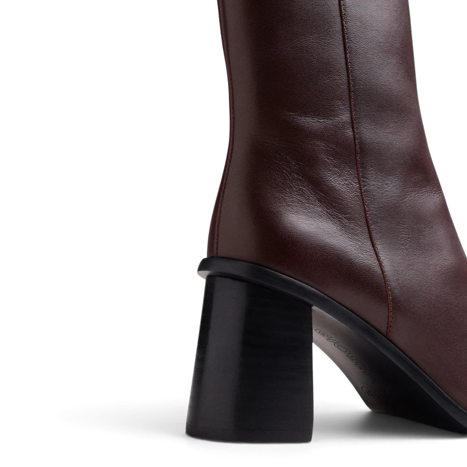 ShoeShop Gioseppo burgundy leather ankle boot with a chunky black block heel and smooth finish