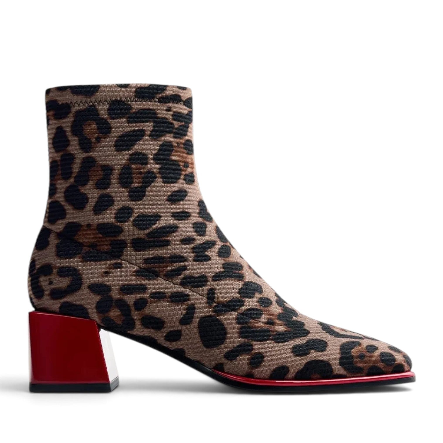 ShoeShop Gioseppo 80683 ankle boot with a leopard print fabric upper and a bold red block heel