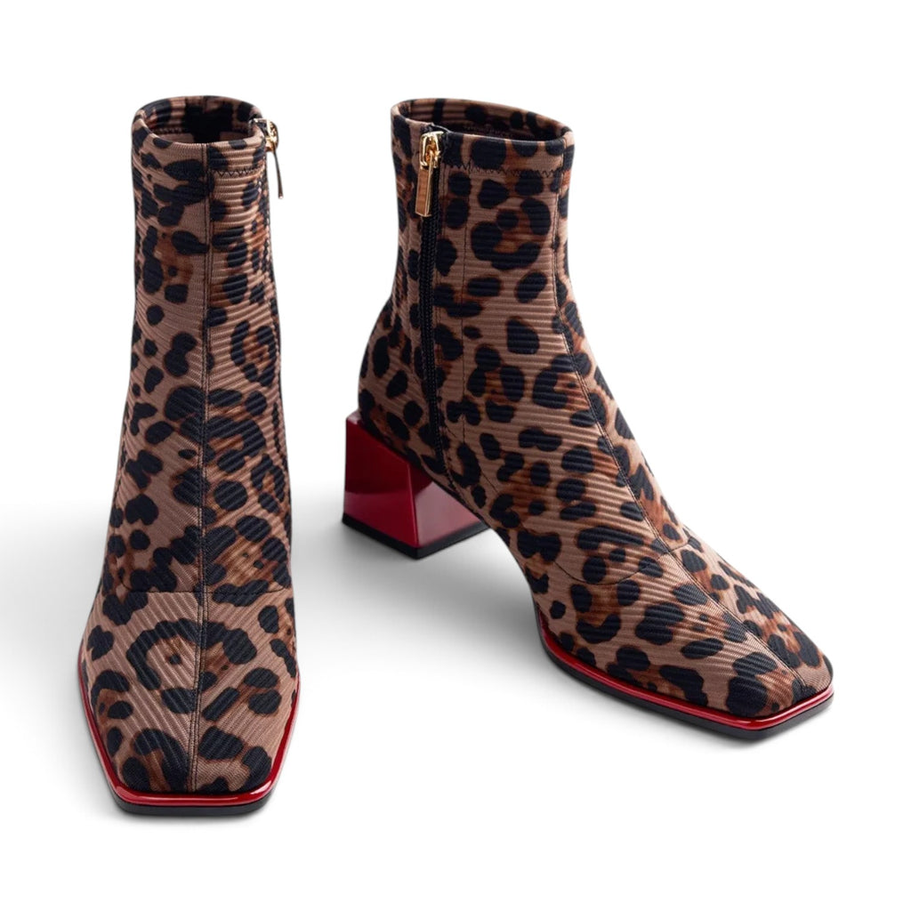 ShoeShop Gioseppo 80683 ankle boots featuring a brown leopard print fabric, square toe, and a bold red block heel.