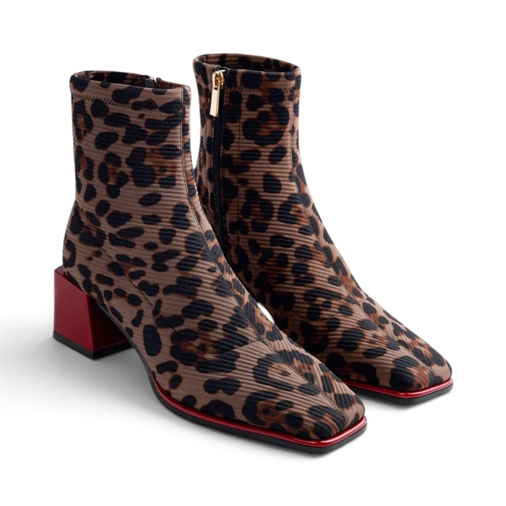 ShoeShop Gioseppo 80683 ankle boots featuring a brown leopard print fabric upper, square toe, and red block heel.