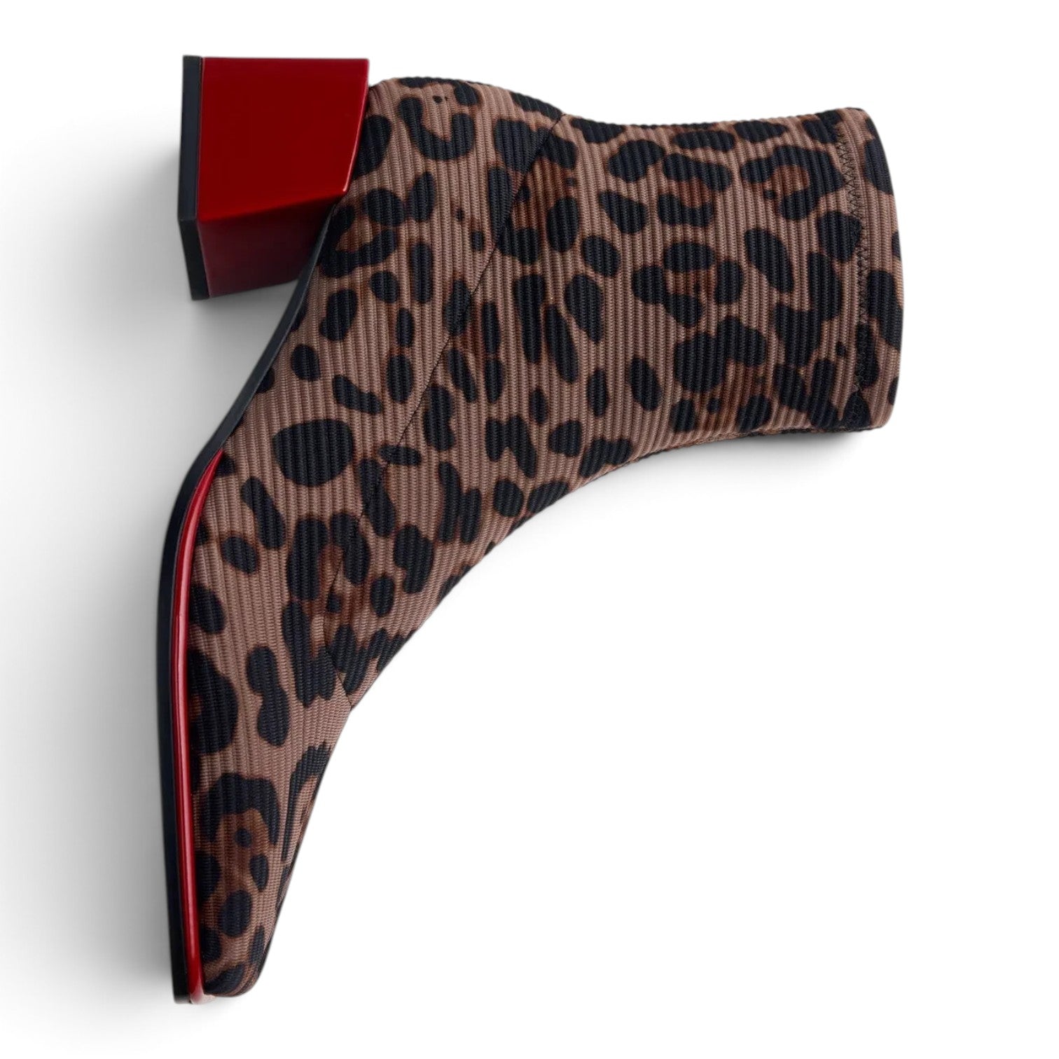 ShoeShop Gioseppo 80683 ankle boots featuring a brown leopard print fabric upper and a bold red block heel.