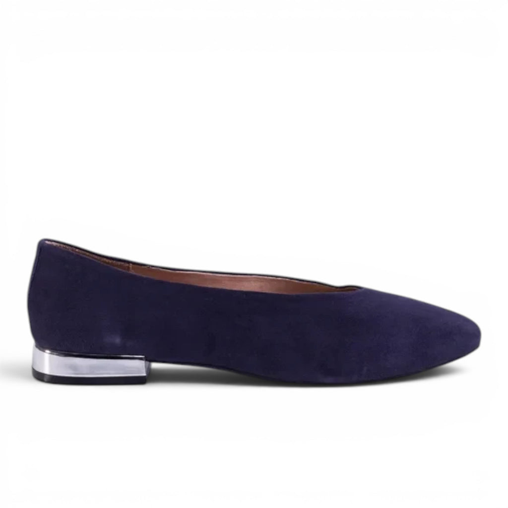 ShoeShop Gioseppo 57095 navy blue suede ballet flats with a metallic silver low block heel