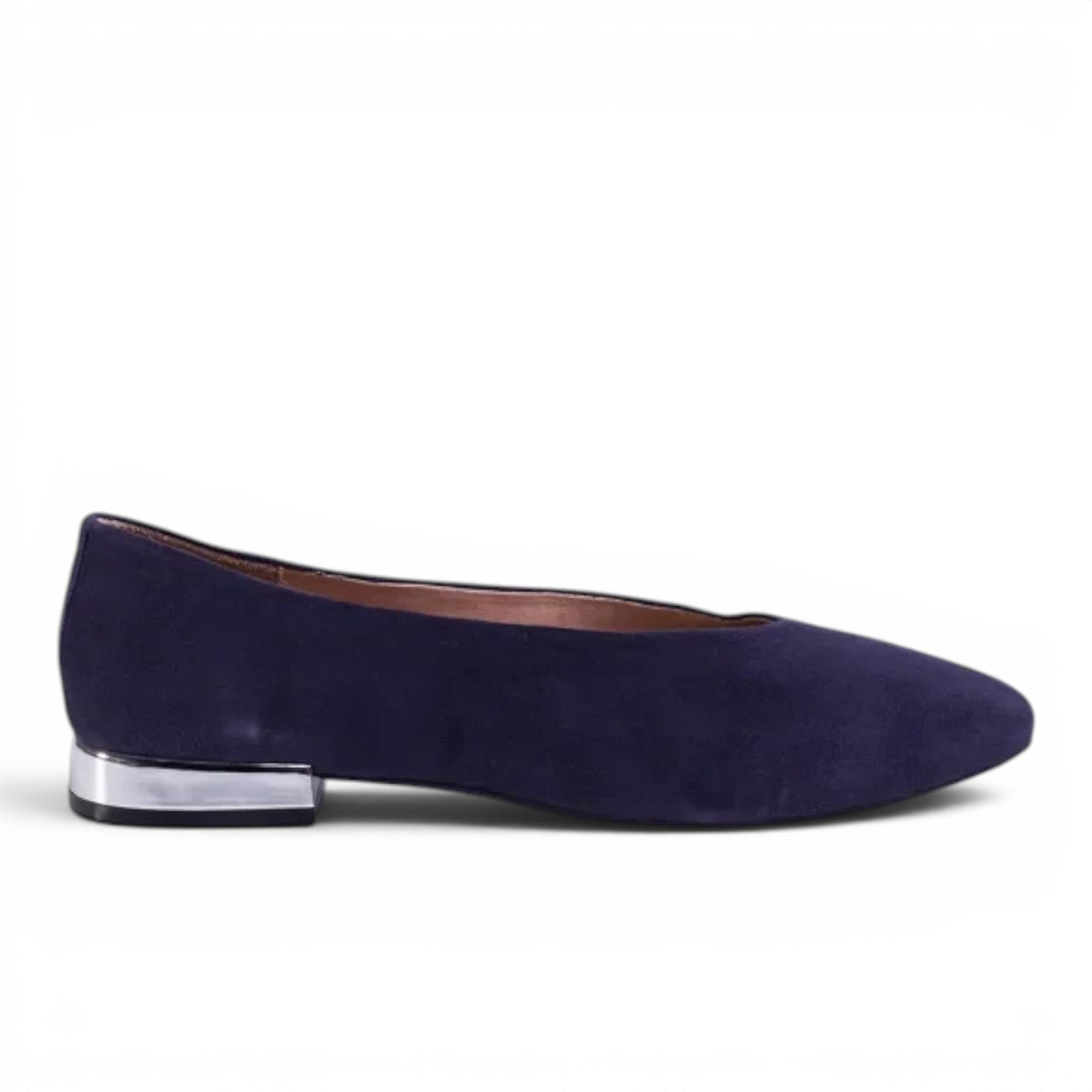 ShoeShop Gioseppo 57095 navy blue suede ballet flats with a metallic silver low block heel