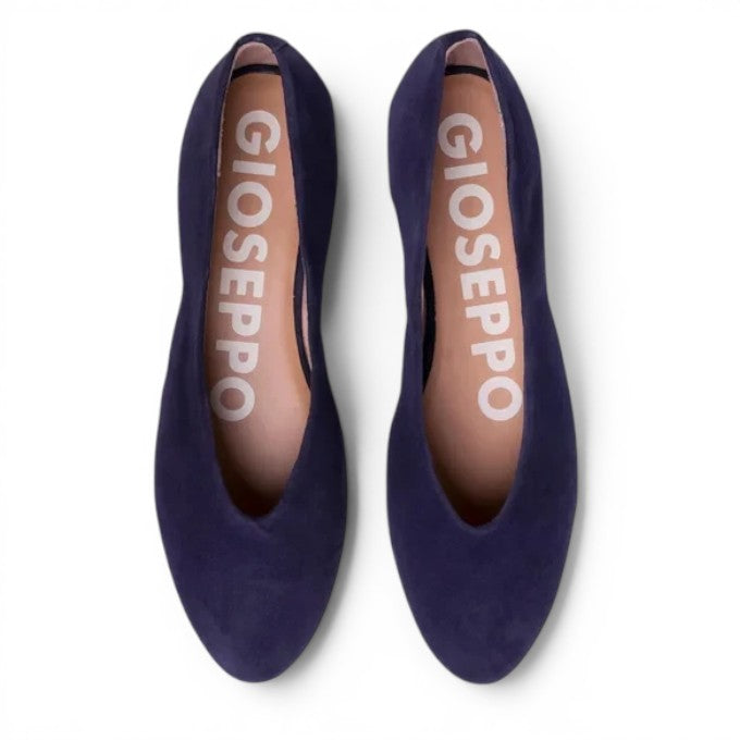 ShoeShop Gioseppo 57095 navy blue suede ballet flats viewed from above with branded insoles
