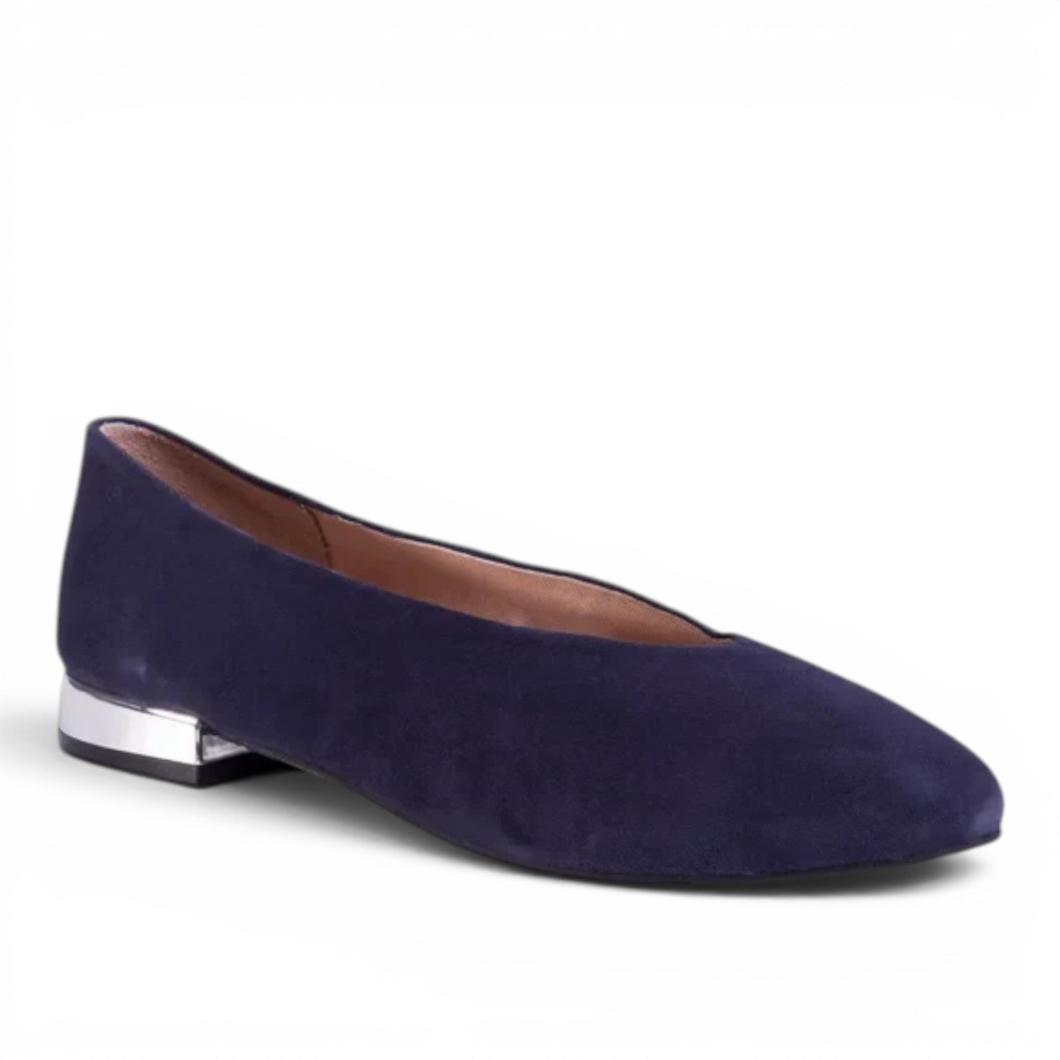 ShoeShop Gioseppo 57095 navy blue suede ballet flats with a low metallic silver block heel