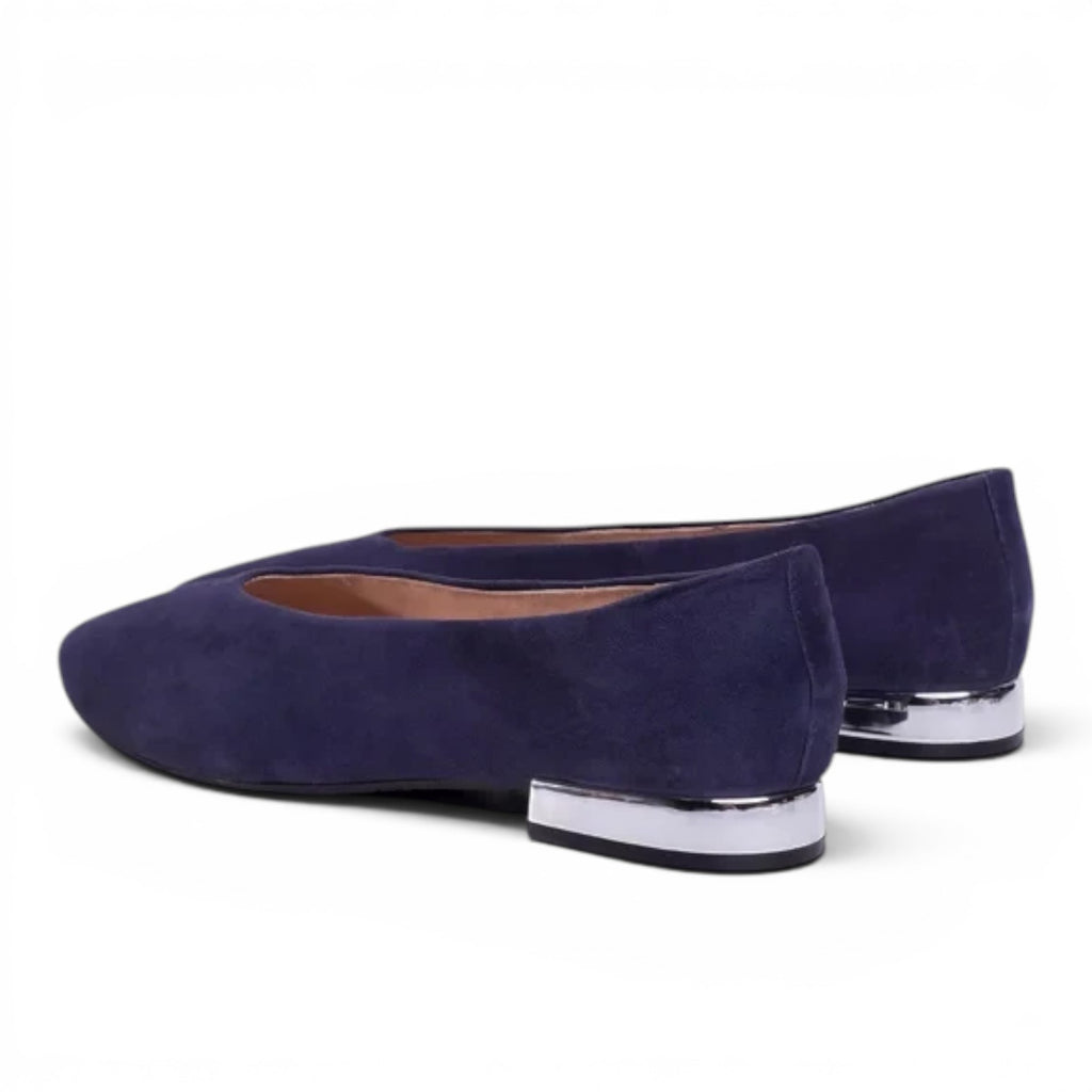 ShoeShop Gioseppo 57095 navy blue suede ballet flats with a metallic silver low block heel