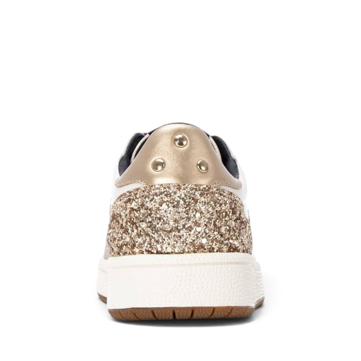 ShoeShop sneakers featuring a gold glitter heel counter, metallic stud accents, and a white textured rubber sole.