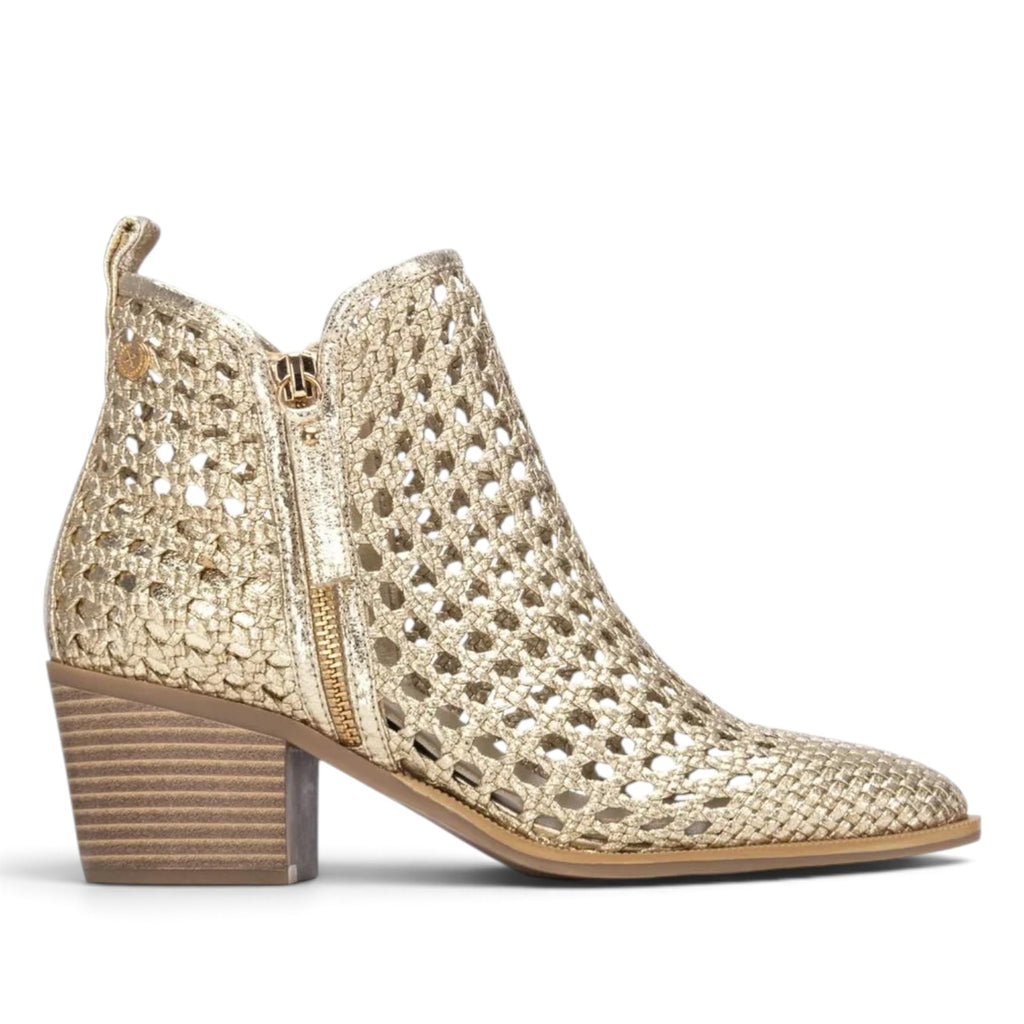 ShoeShop gold metallic woven ankle boot with side zipper and block heel