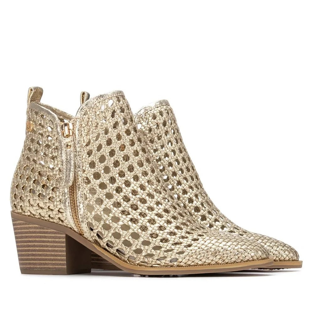 ShoeShop XTI gold metallic woven ankle boots with side zipper and low block heel