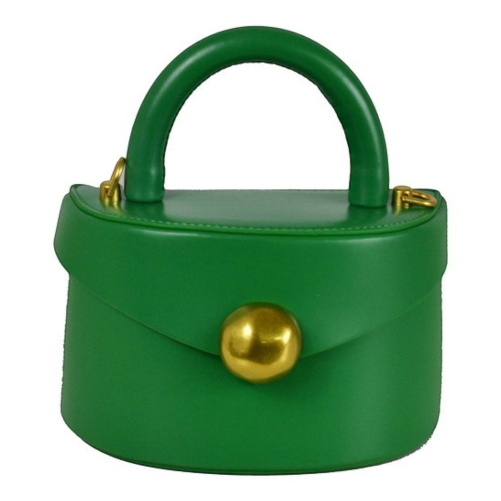 ShoeShop green leather handbag with a rounded top handle, gold magnetic button closure, and detachable shoulder strap.