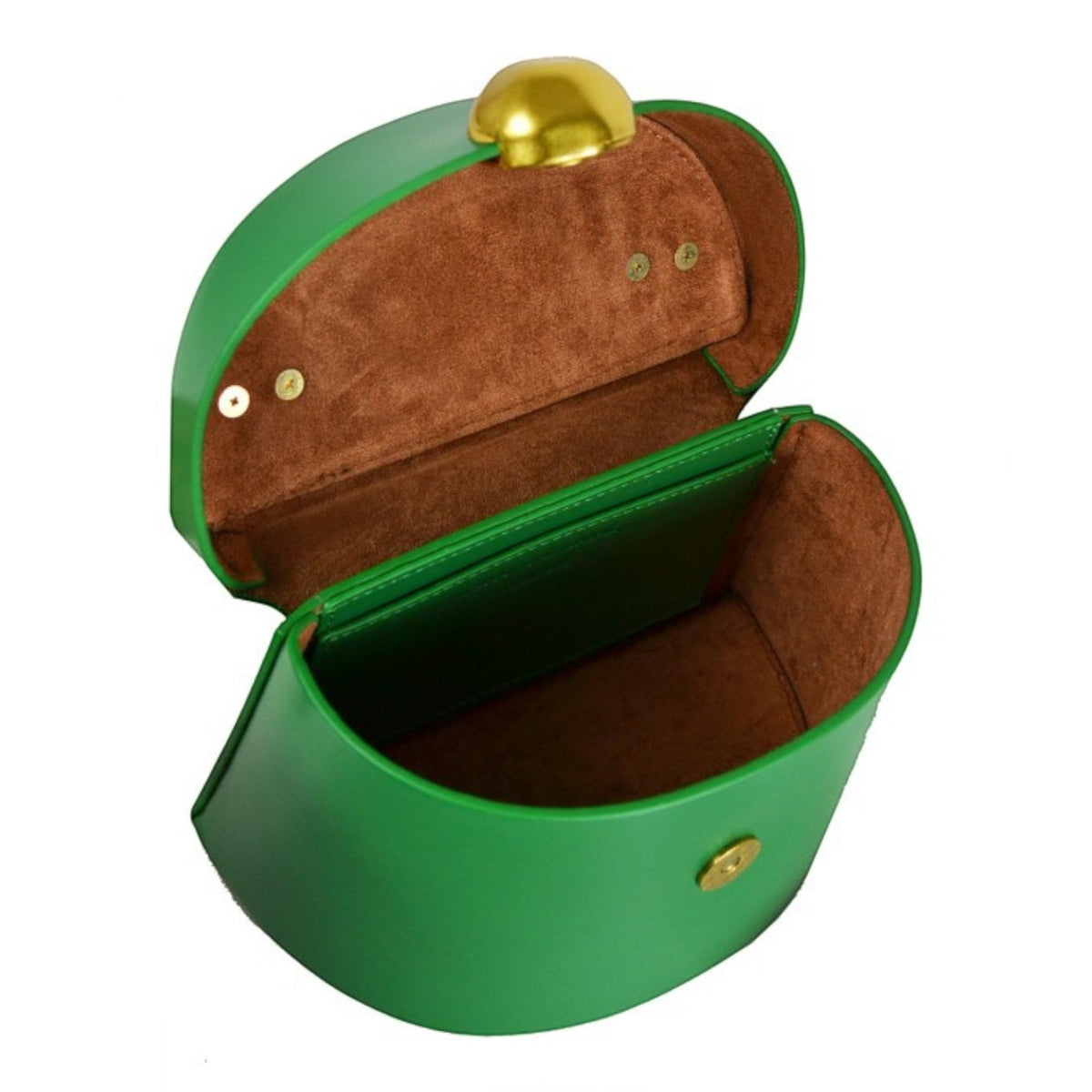 ShoeShop green leather handbag with a gold magnetic button closure and brown textile interior lining