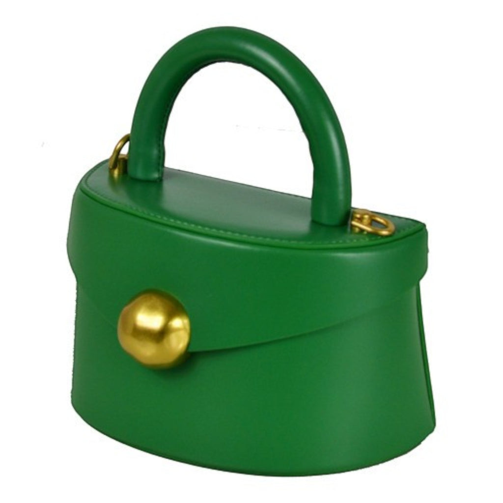 ShoeShop green leather handbag with a structured top handle, gold magnetic button closure, and detachable strap.