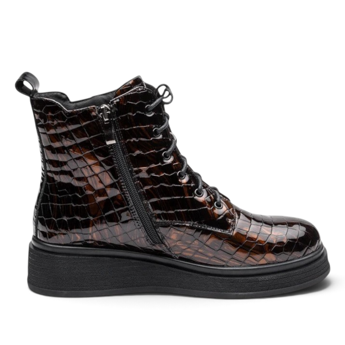 ShoeShop HELVE dark brown patent leather lace-up ankle boots with crocodile texture and side zipper