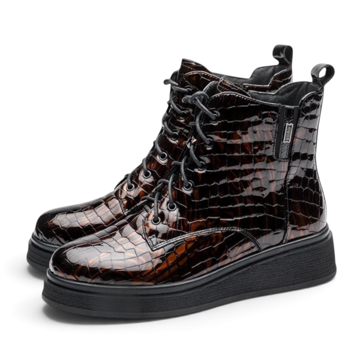 ShoeShop HELVE brown patent leather lace-up ankle boots with a crocodile skin texture and a thick black platform sole