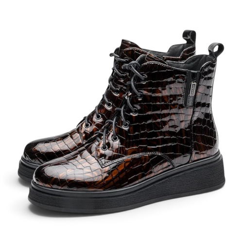 ShoeShop HELVE brown patent leather lace-up ankle boots with a crocodile skin texture and a thick black platform sole
