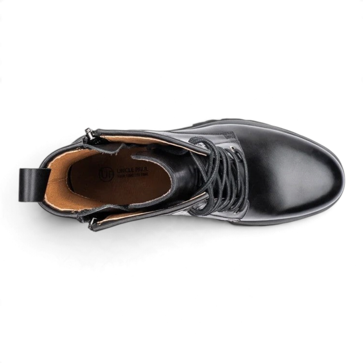 Top view of ShoeShop HENDRIK black leather lace-up boots with side zipper and tan interior lining