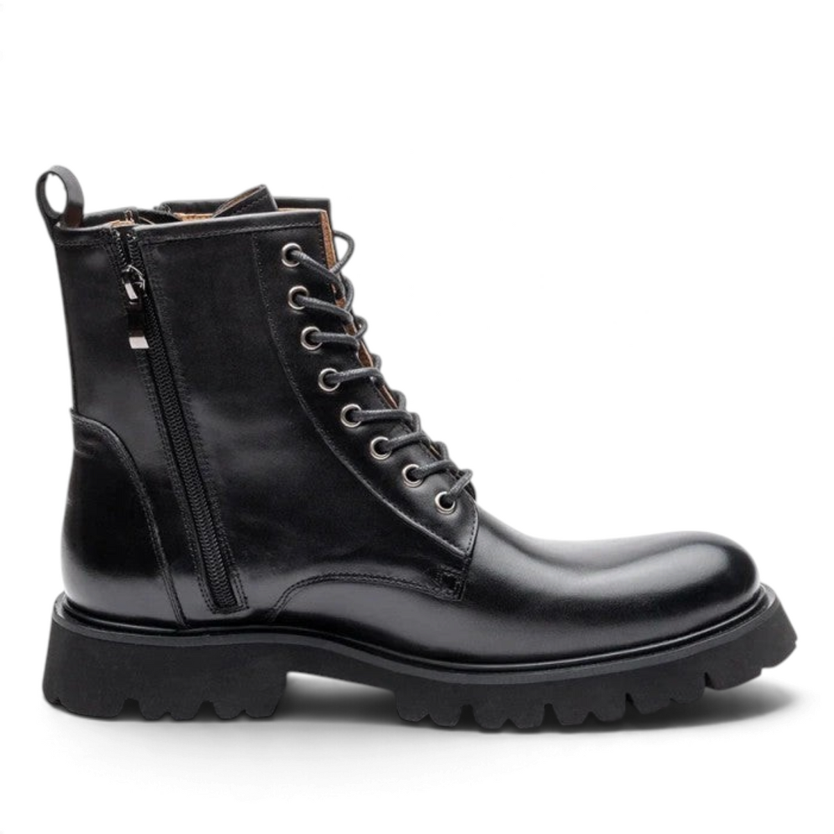 ShoeShop HENDRIK black leather lace-up combat boots with side zipper and chunky lug sole