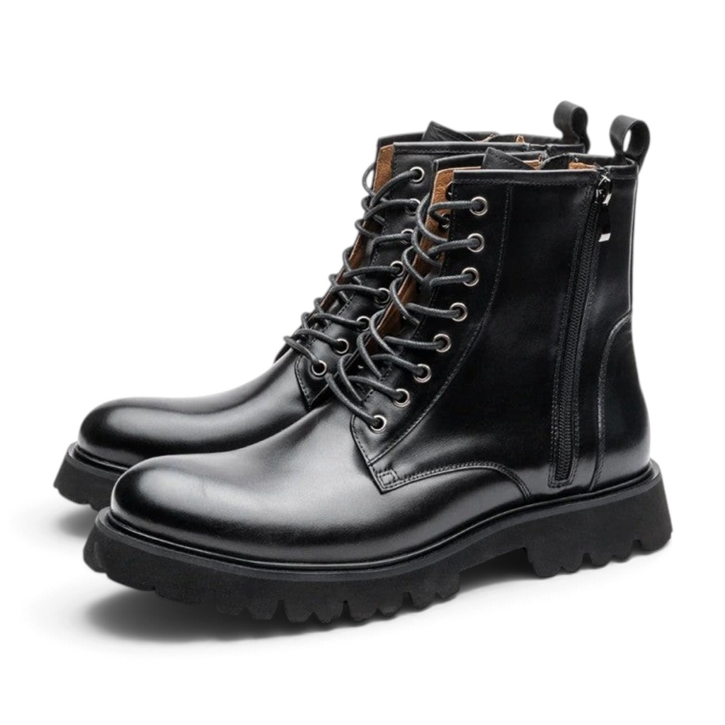 ShoeShop HENDRIK black leather lace-up combat boots with side zipper and chunky lug sole