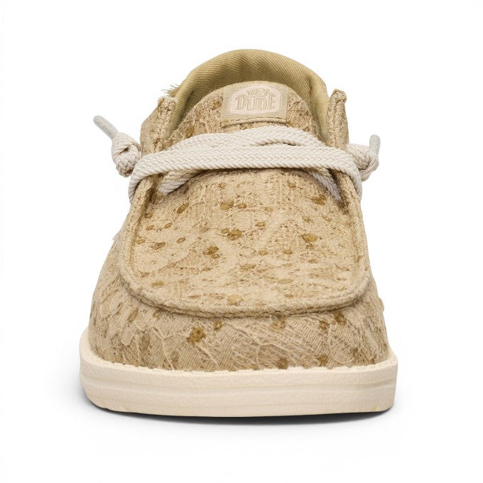 ShoeShop Hey Dude beige lace slip-on shoe with white knotted laces and a casual lightweight design