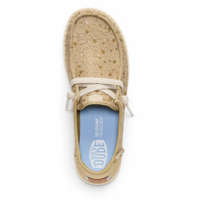 ShoeShop Hey Dude beige lace slip-on shoe with white laces and light blue cushioned insole, top-down view