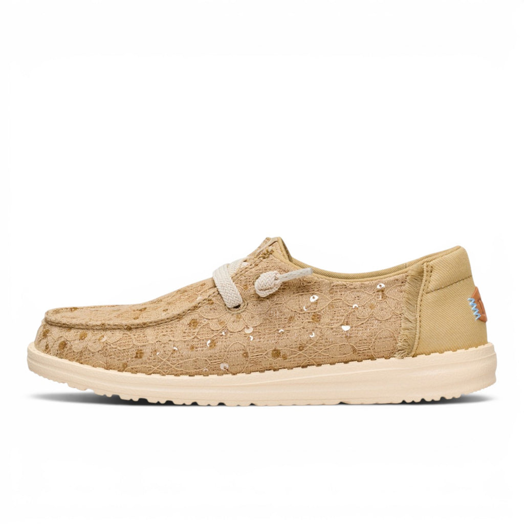 ShoeShop Hey Dude beige lace slip-on shoe with sequin details and white laces